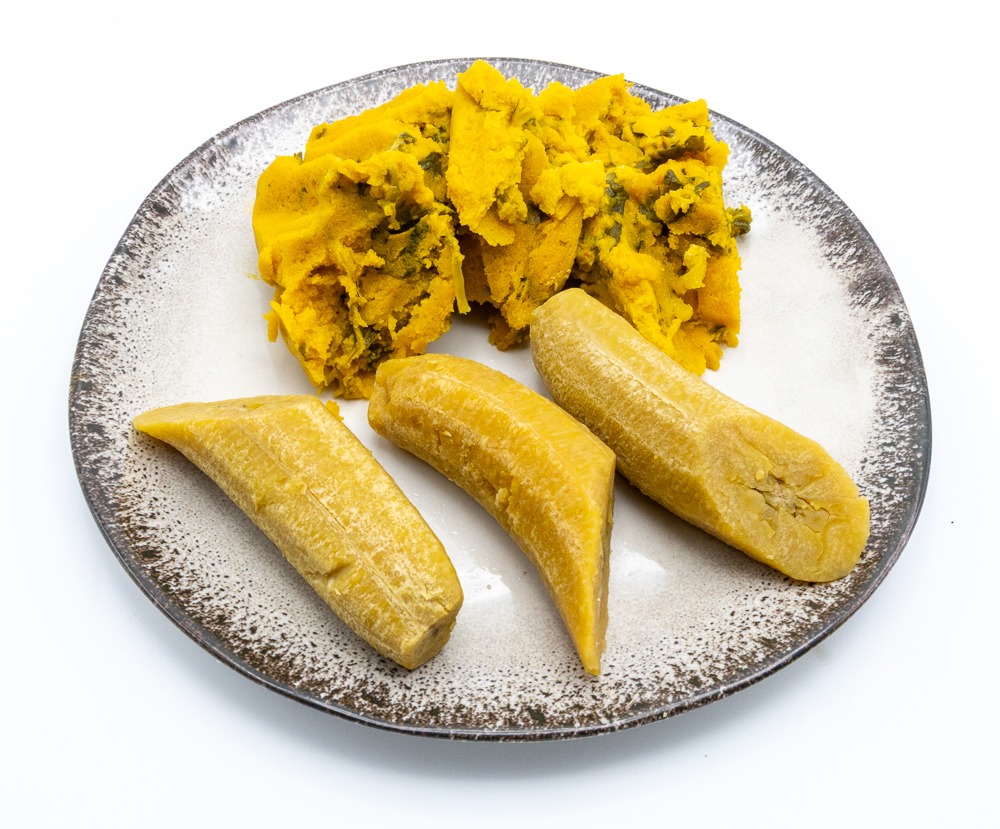 Koki Beans served with boiled plantains.